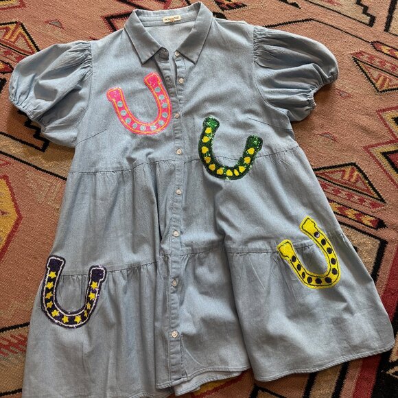 Mainstrip Dresses & Skirts - Women's XL Babydoll Chambray Dress with Sequin Horseshoes